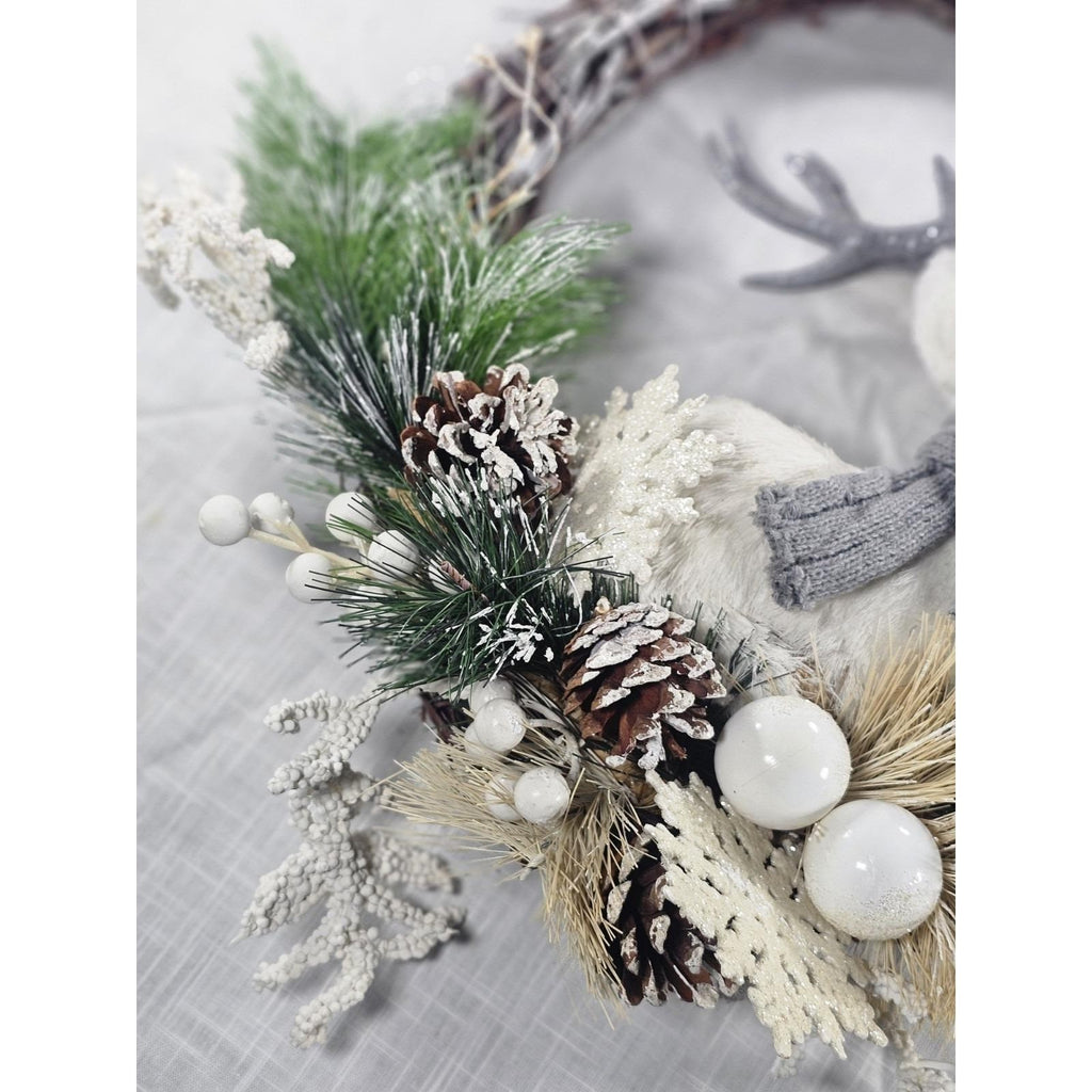 White Deer Christmas Wreath with Pinecones Greenery Snowflakes Rustic Holiday