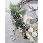 White Deer Christmas Wreath with Pinecones Greenery Snowflakes Rustic Holiday