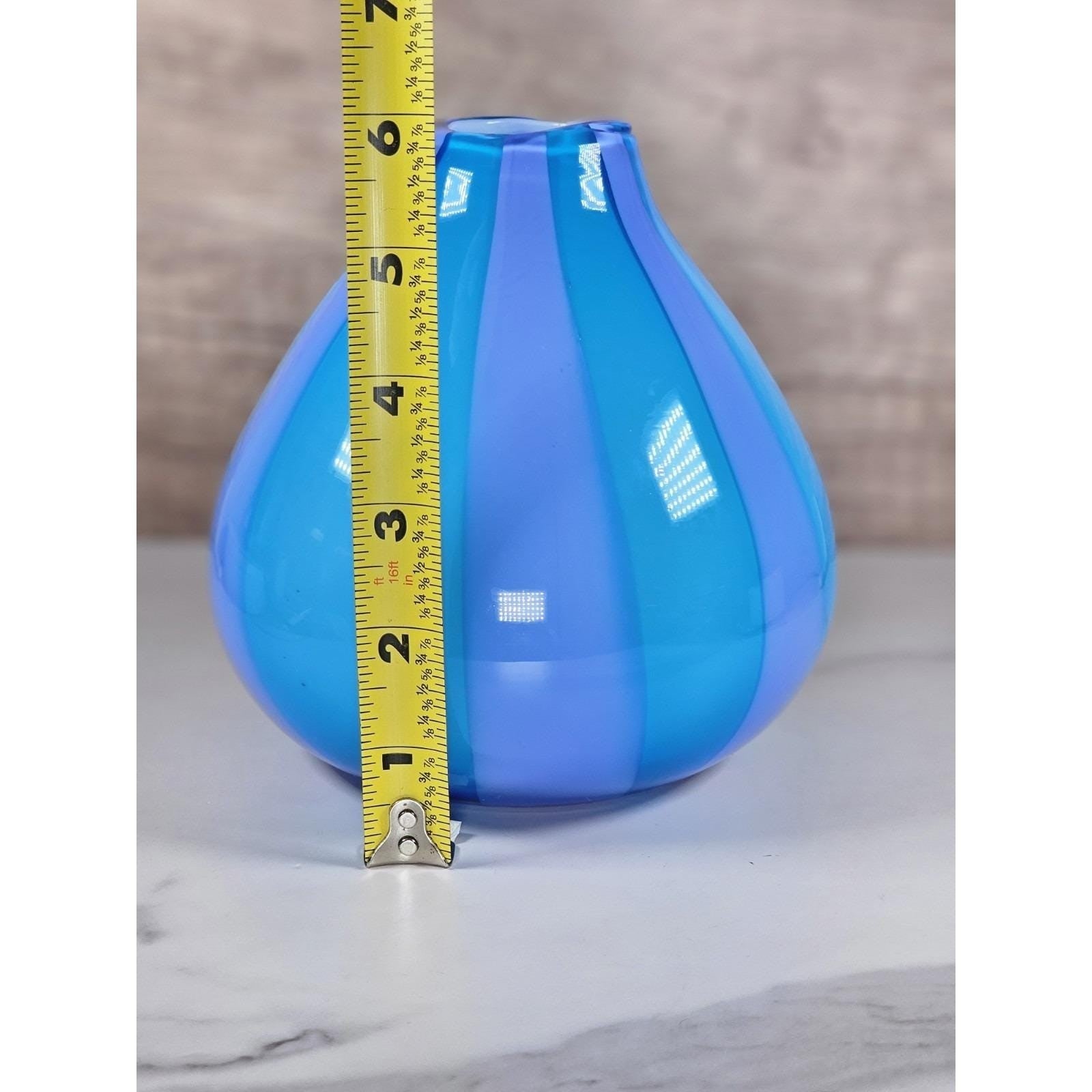 Hand Blown Cased Glass Vase Blue Purple Striped Circus Tent Pattern