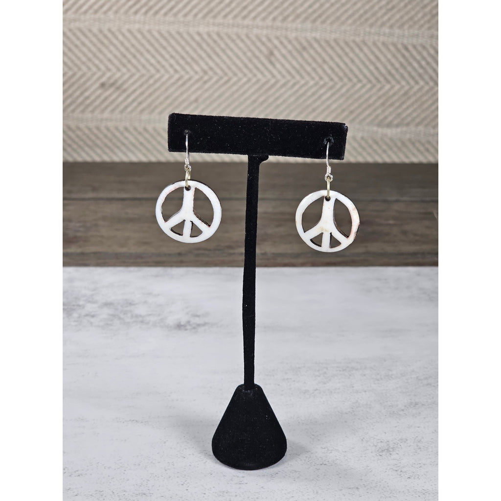 Vintage Boho Peace Sign Dangle Earrings Sterling Silver Hooks White Brown 1.5"