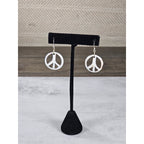 Vintage Boho Peace Sign Dangle Earrings Sterling Silver Hooks White Brown 1.5"