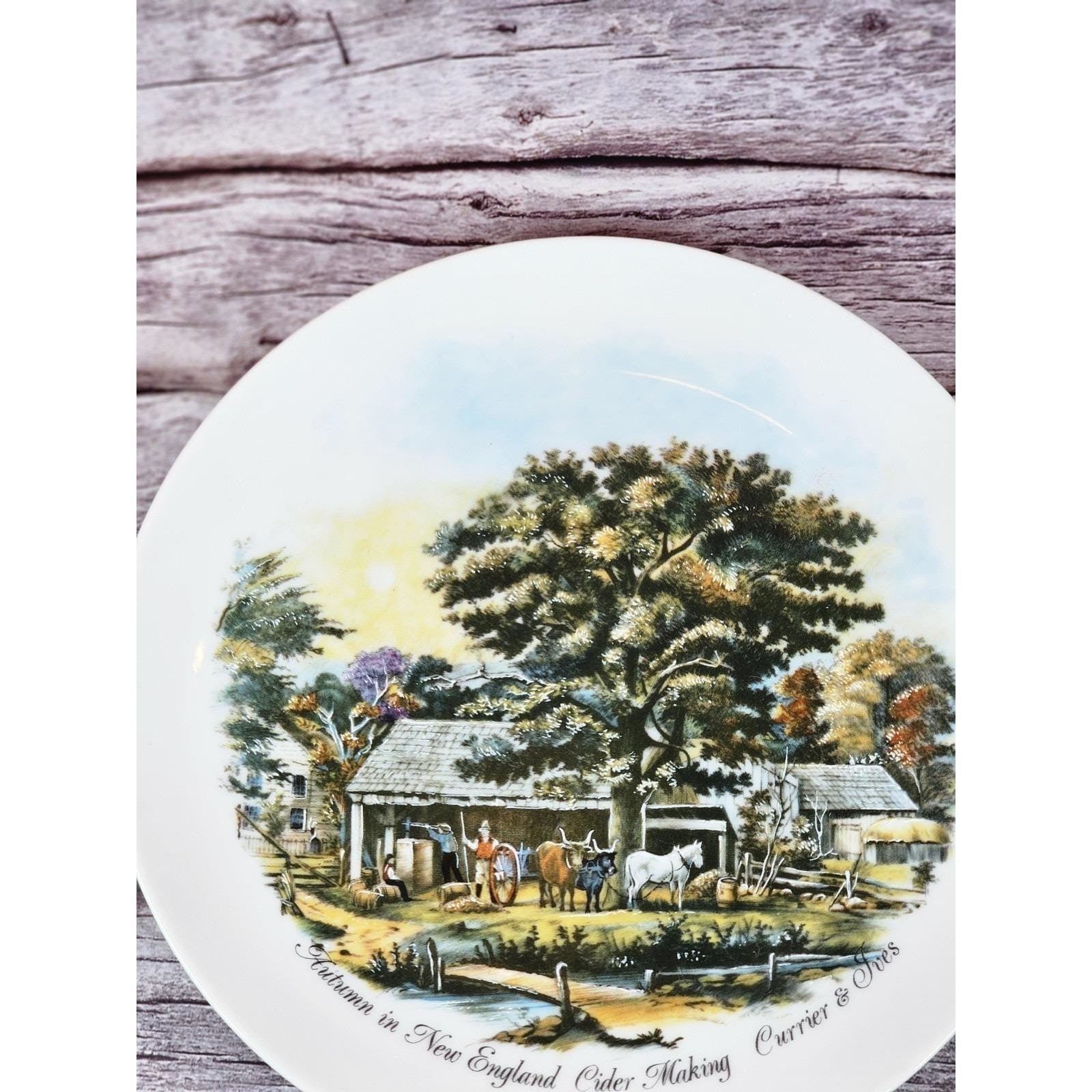 Vintage Currier & Ives Autumn Rural Scene Plate 6.5" Horse Barn Art