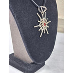 Vintage Starburst Pendant Necklace Red Stone Silver Tone