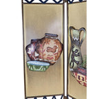 Decorative Trifold Folding Screen Ceramic Style Panel Bronze Blue Accent