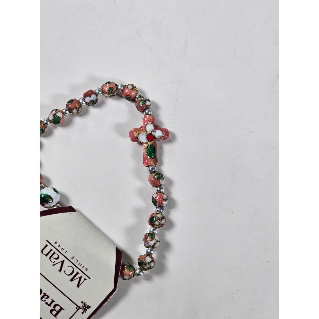Vintage McVan Enamel Beaded Bracelet Floral Charm Pink Green