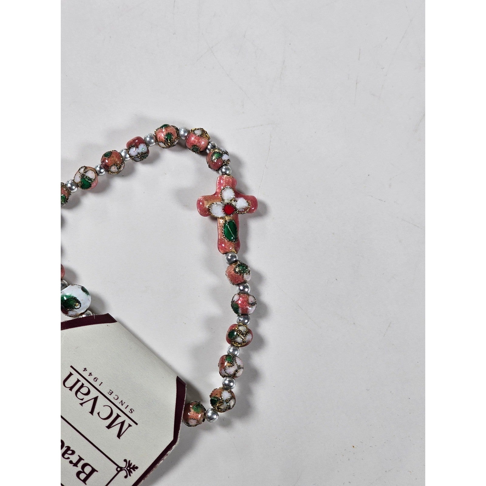 Vintage McVan Enamel Beaded Bracelet Floral Charm Pink Green