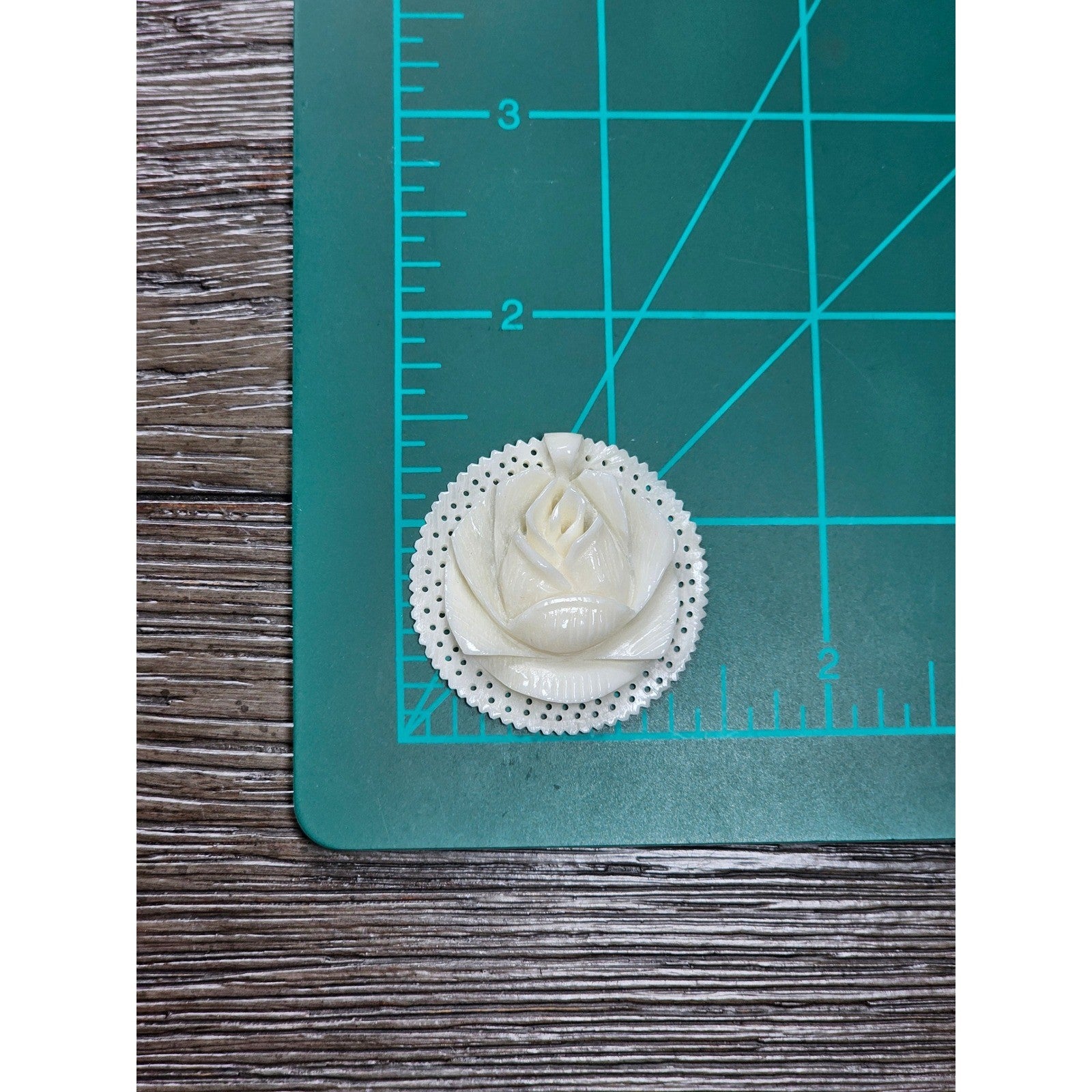 Vintage Carved Rose Pendant Round Floral Medallion Ivory Tone