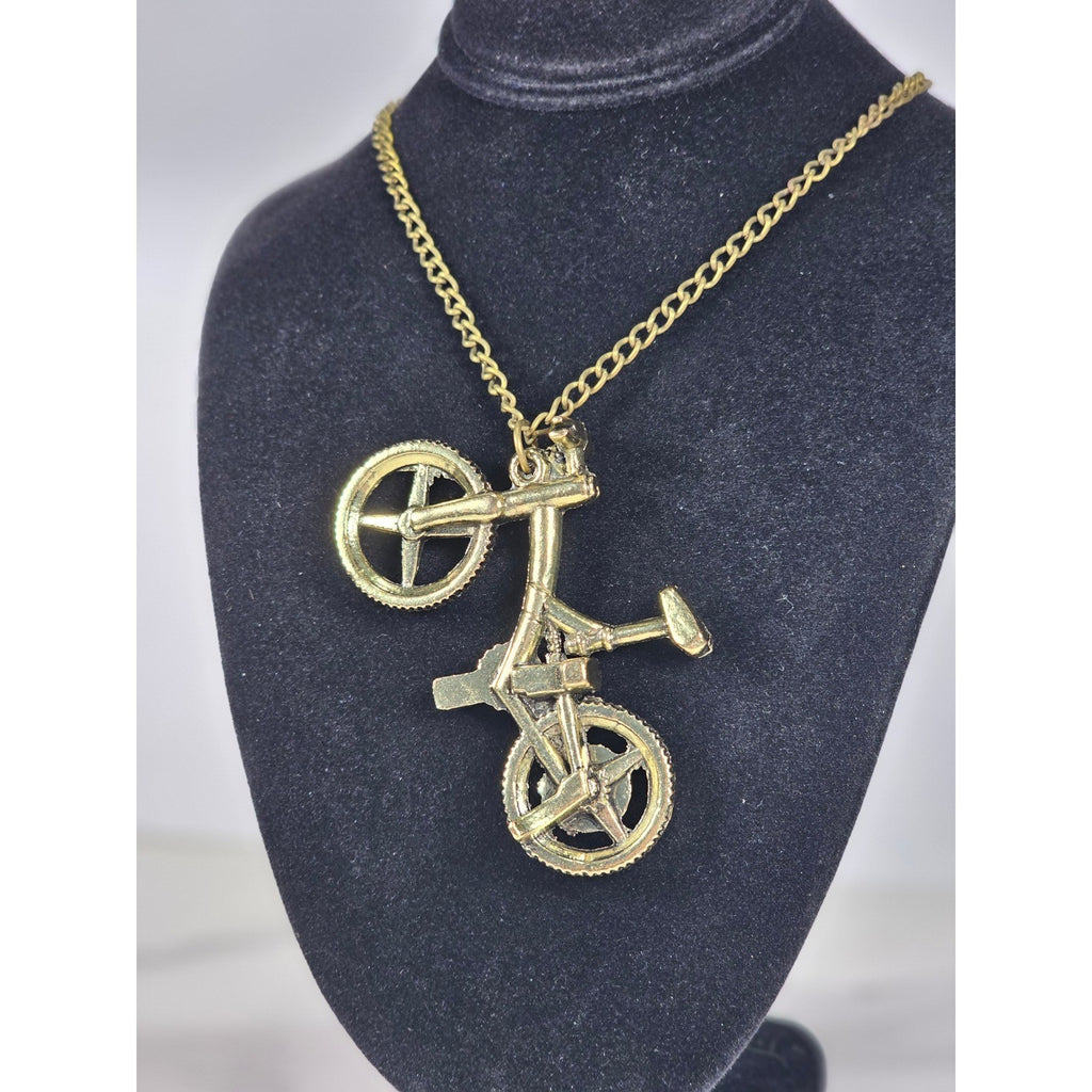Vintage Bicycle Pendant Necklace Gold Tone Bike Charm Cyclist Jewelry
