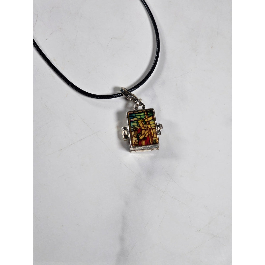 Vintage Stained Glass Locket Necklace Religious Pendant Charm