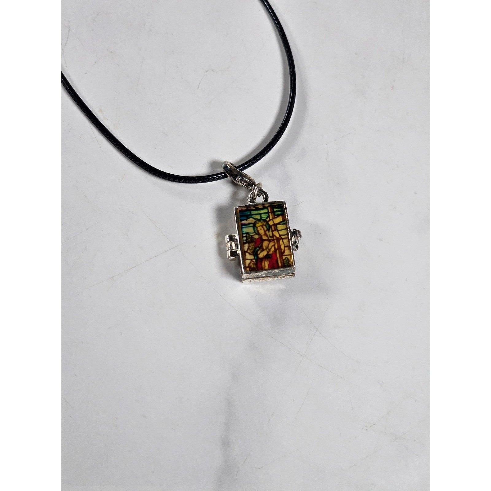 Vintage Stained Glass Locket Necklace Religious Pendant Charm