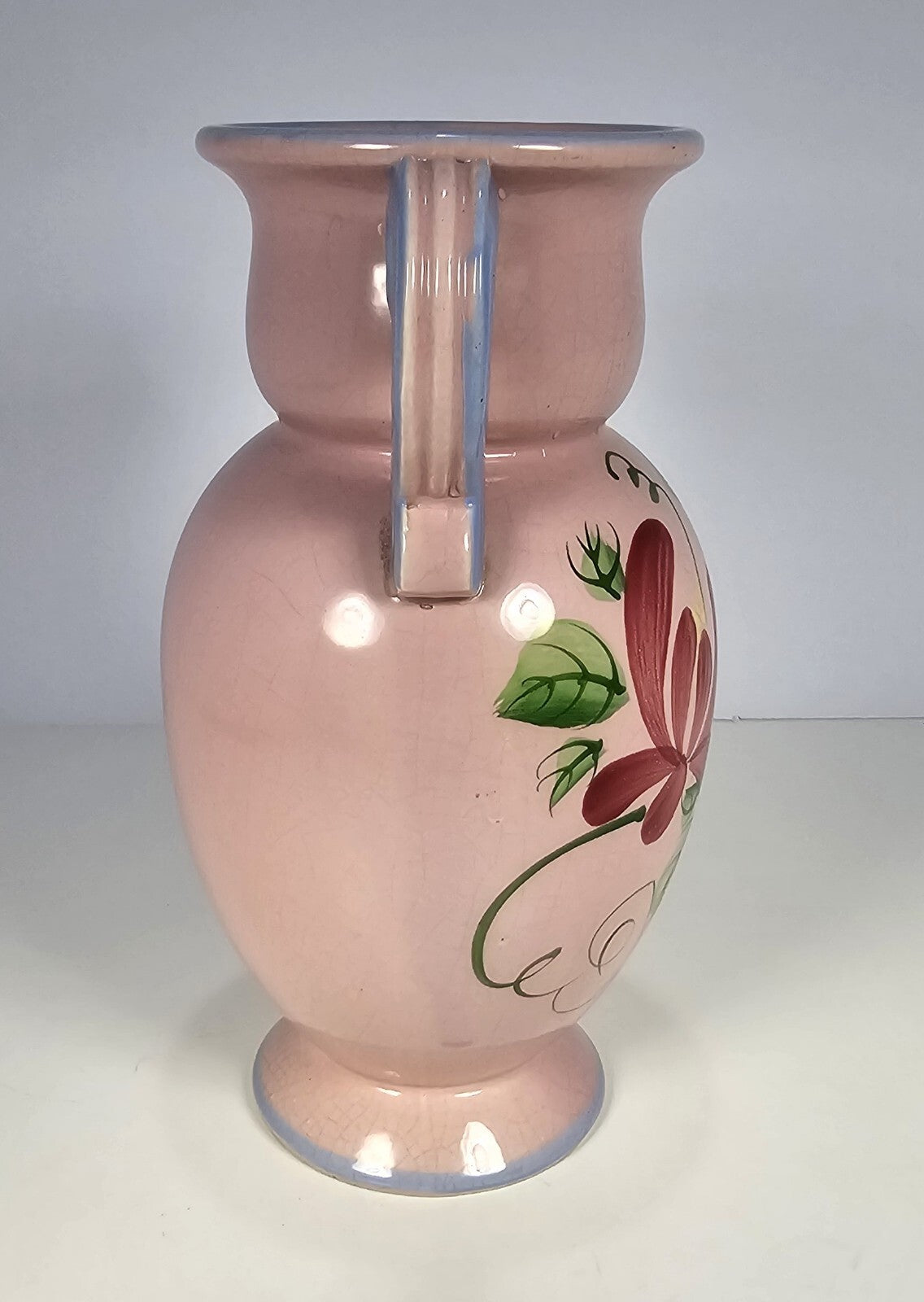 Vintage Hand-Painted Floral Ceramic Vase With Dual Blue Handles & Pink Crackle