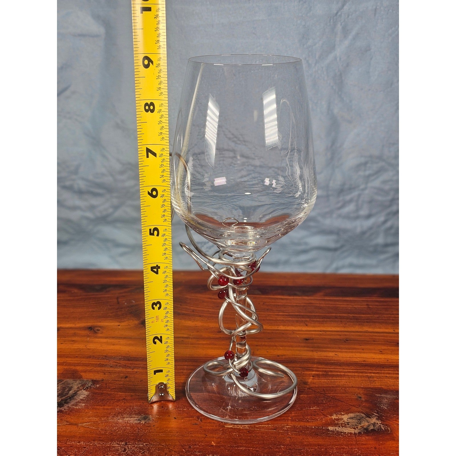 Handcrafted Crystal Wine Glass with Silver Wire & Red Beads Vintage Decor