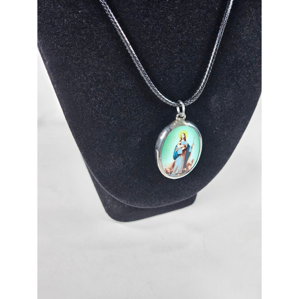 Vintage Madonna Pendant Necklace Blue Green Oval Religious Charm