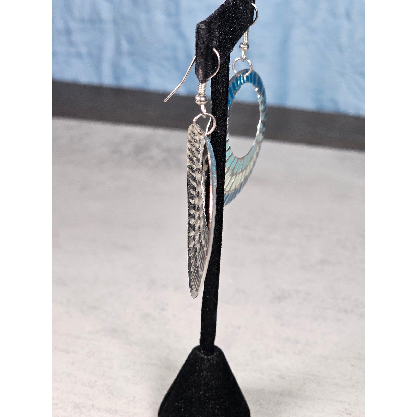 Vintage Blue & Silver Tone Textured Hoop Dangle Earrings