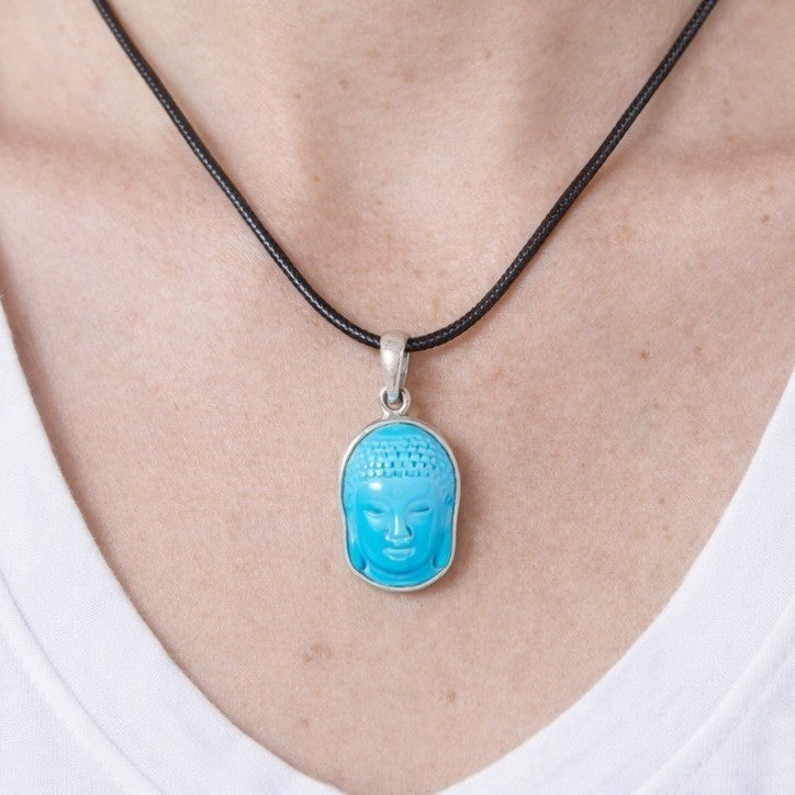 Vintage Sterling Silver Buddha Turquoise Pendant Necklace