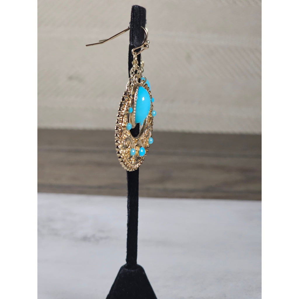 Vintage Gold Filigree Turquoise Drop Earrings Boho Statement