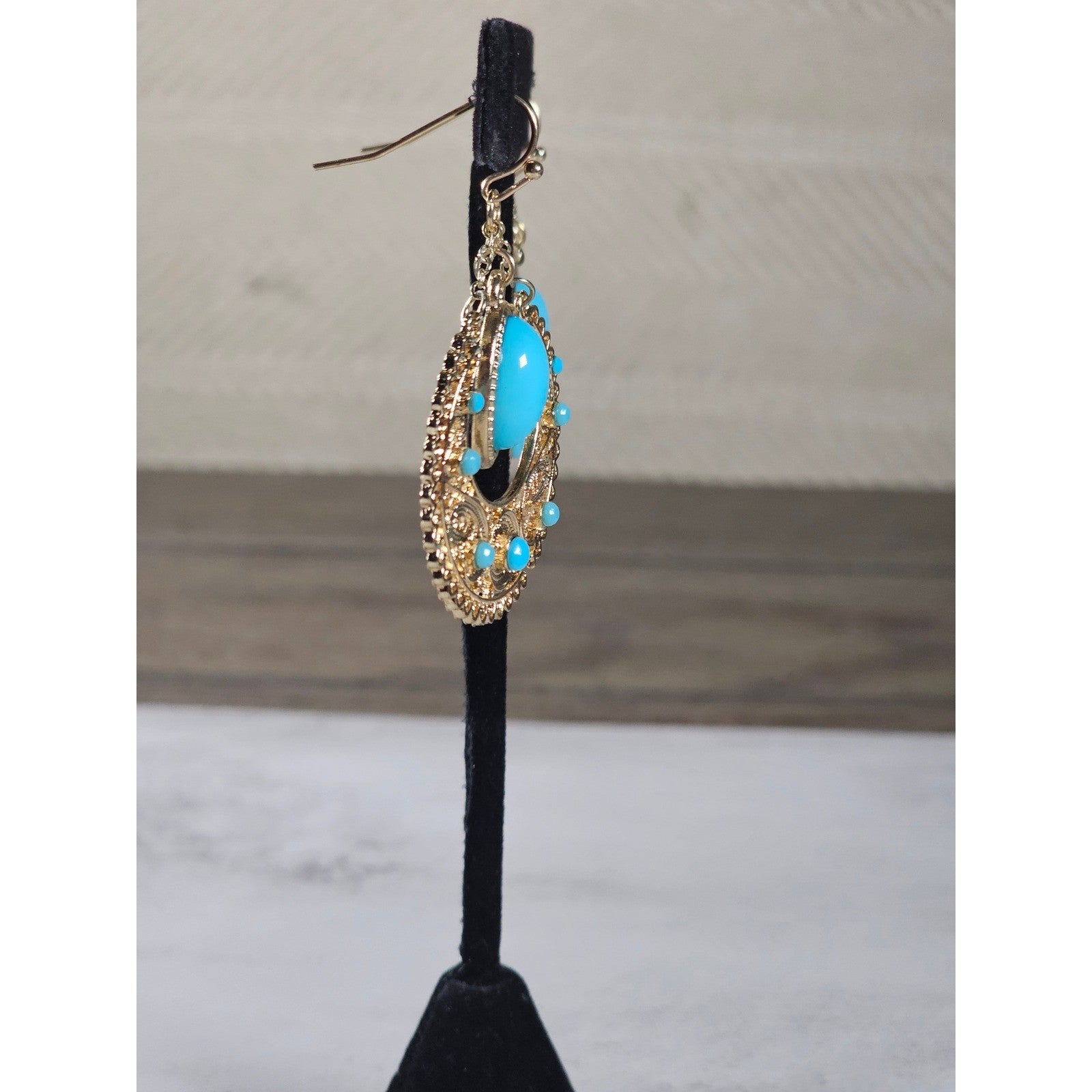 Vintage Gold Filigree Turquoise Drop Earrings Boho Statement