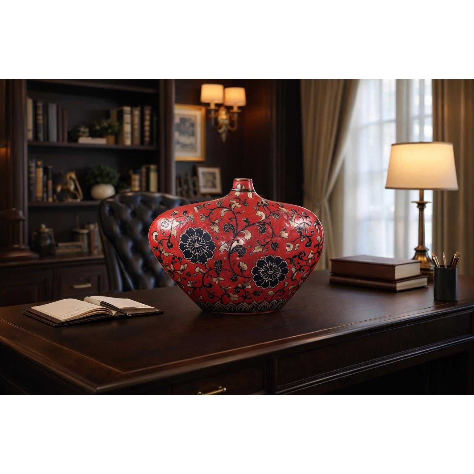 Vintage Persian Style Red Lotus Vase Abstract Floral Decorative Art Vase