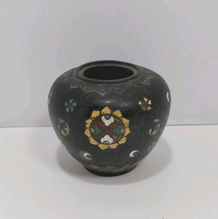 Vintage Cloisonné Mini Vase Black Enamel Floral Blue Interior 2.5"