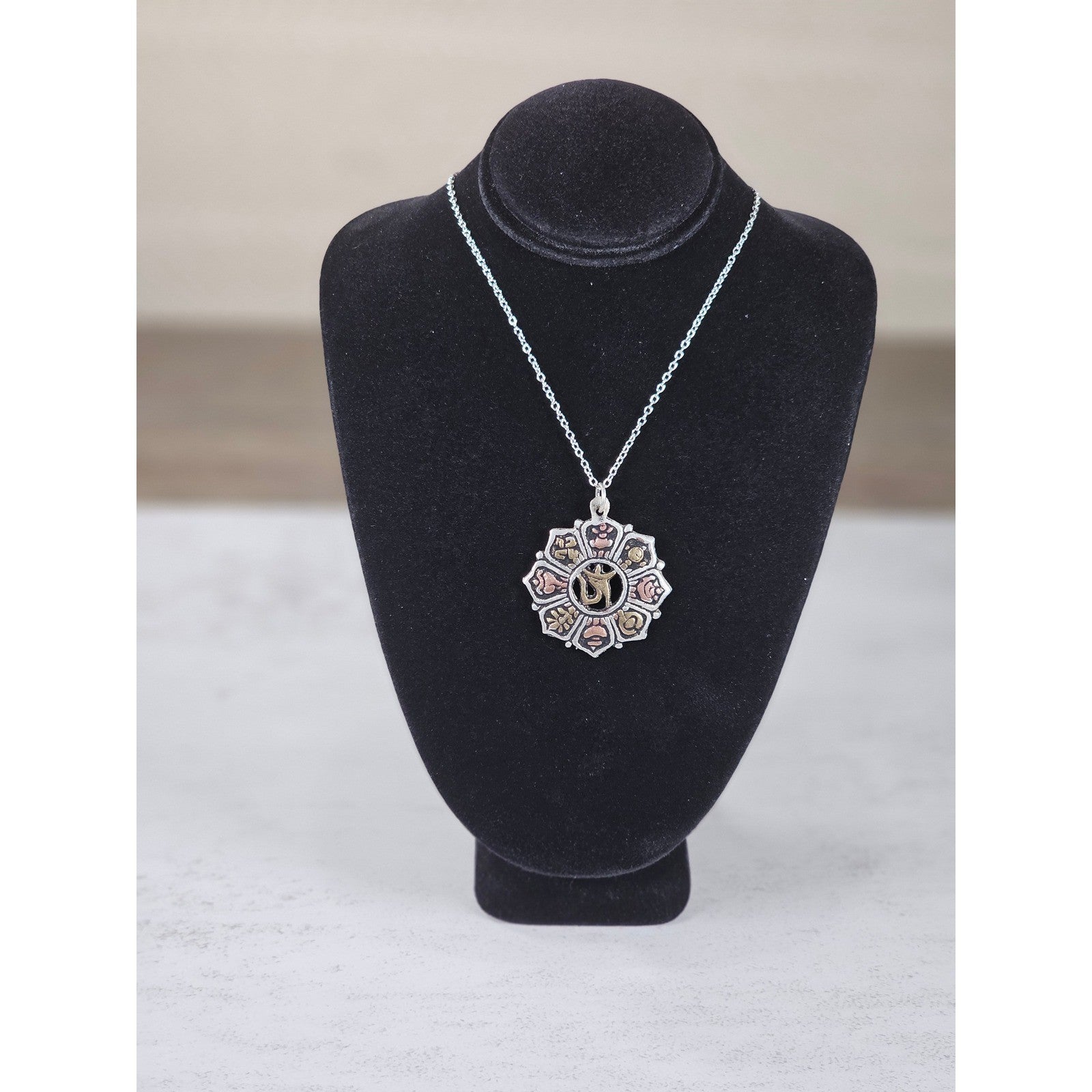 Vintage Om Lotus Pendant Necklace Boho Spiritual Medallion