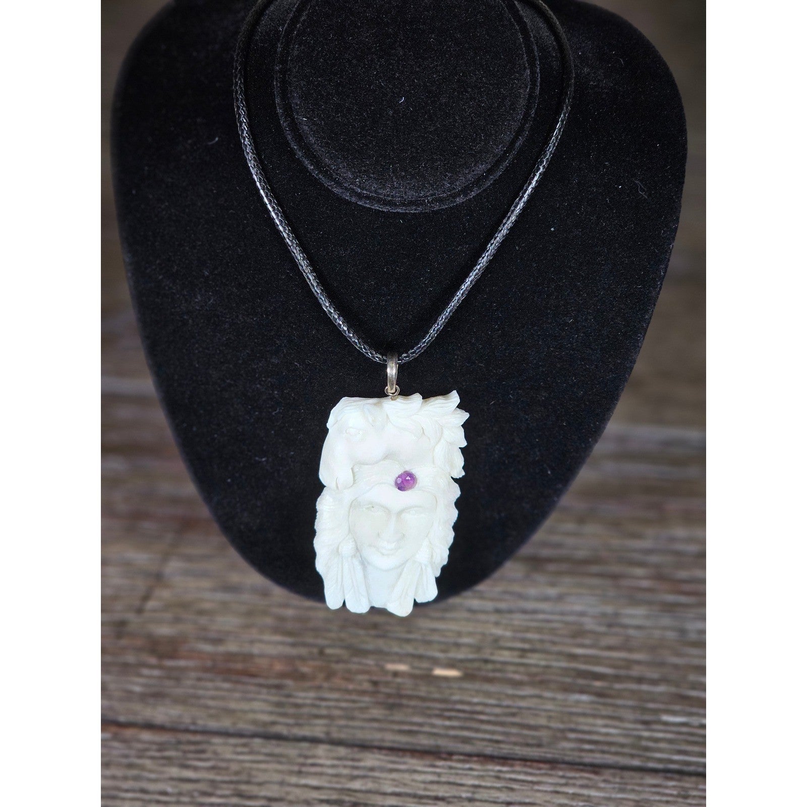 Vintage Buffalo Bone Carved Horse & Native American Figure Pendant Necklace