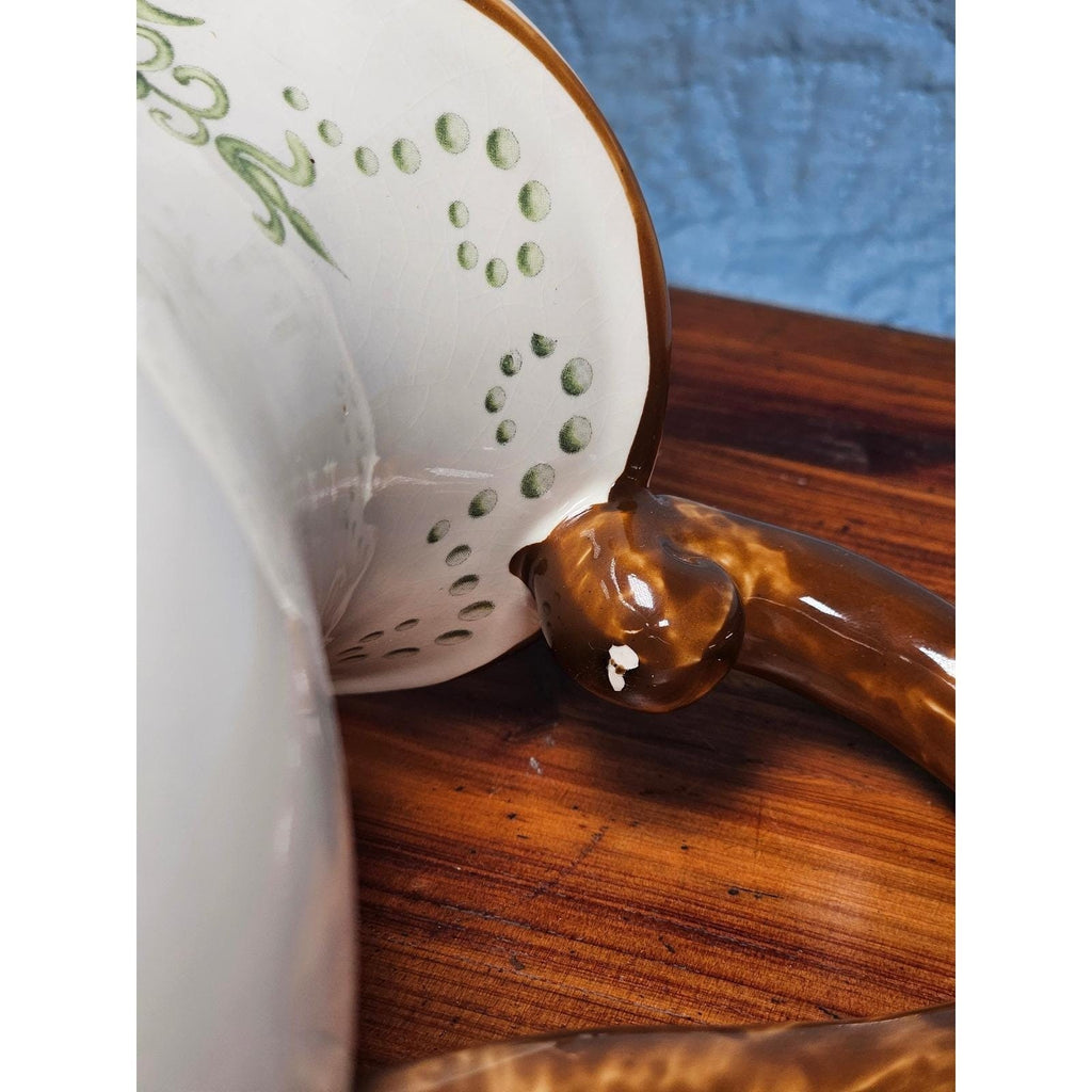 Vintage Ceramic Pitcher Cream Floral Green Brown Handle Holiday Petaluma