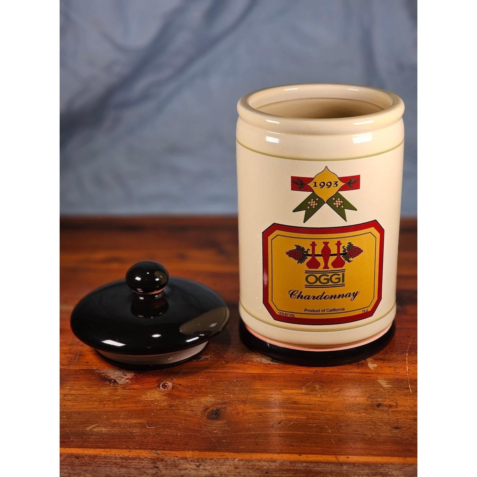 Vintage OGGI Chardonnay Wine Ceramic Canister With Lid 10 In