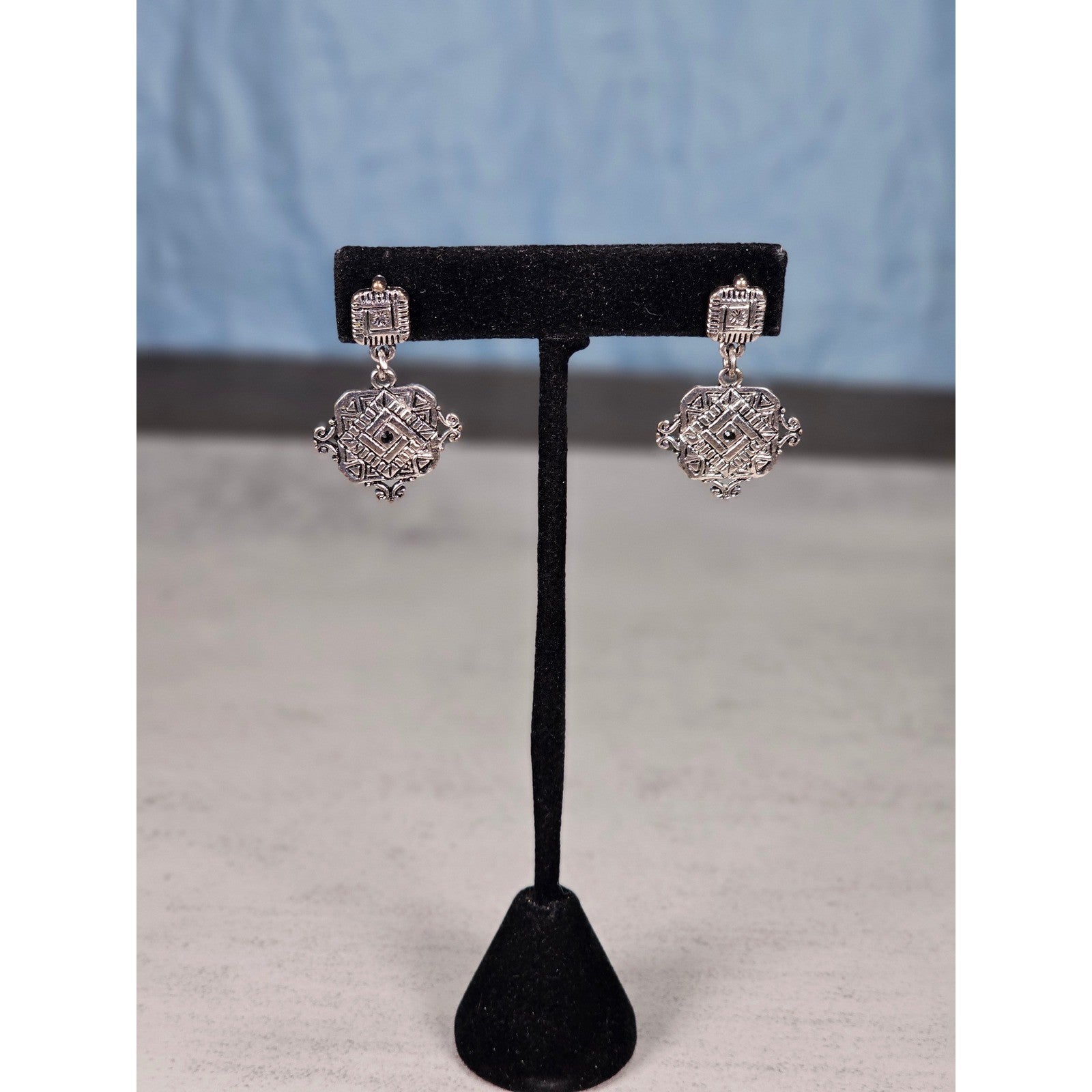 Vintage Silver Tone Geometric Drop Earrings Pierced Statement Dangles