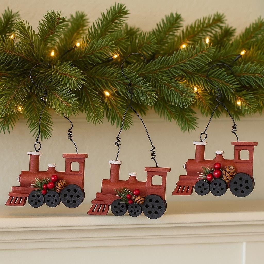 Rustic Wooden Train Ornaments Set Holiday Christmas Tree Decor Vintage Style