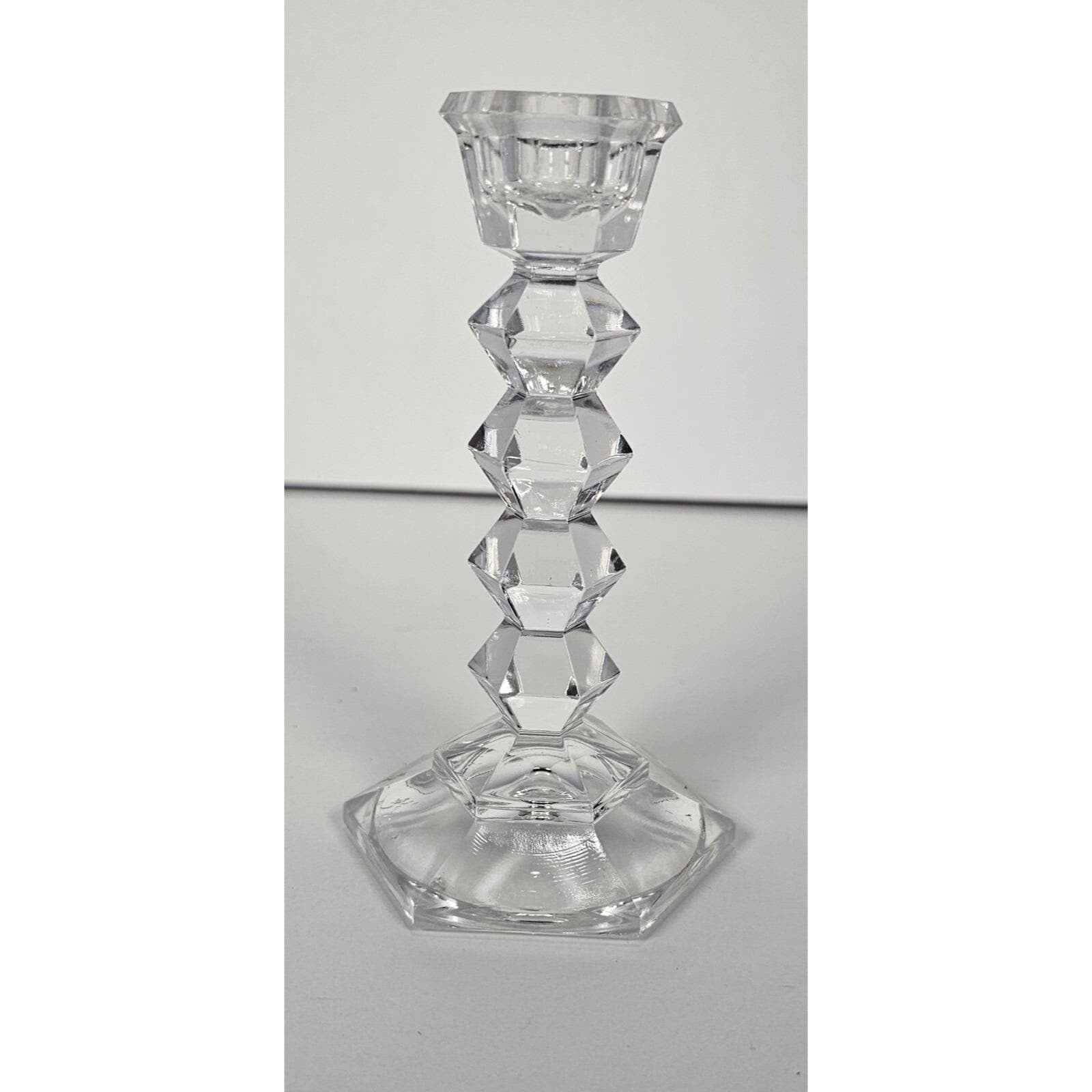 Vintage Faceted Crystal Candlestick Holder Hexagonal Base 5 Inch
