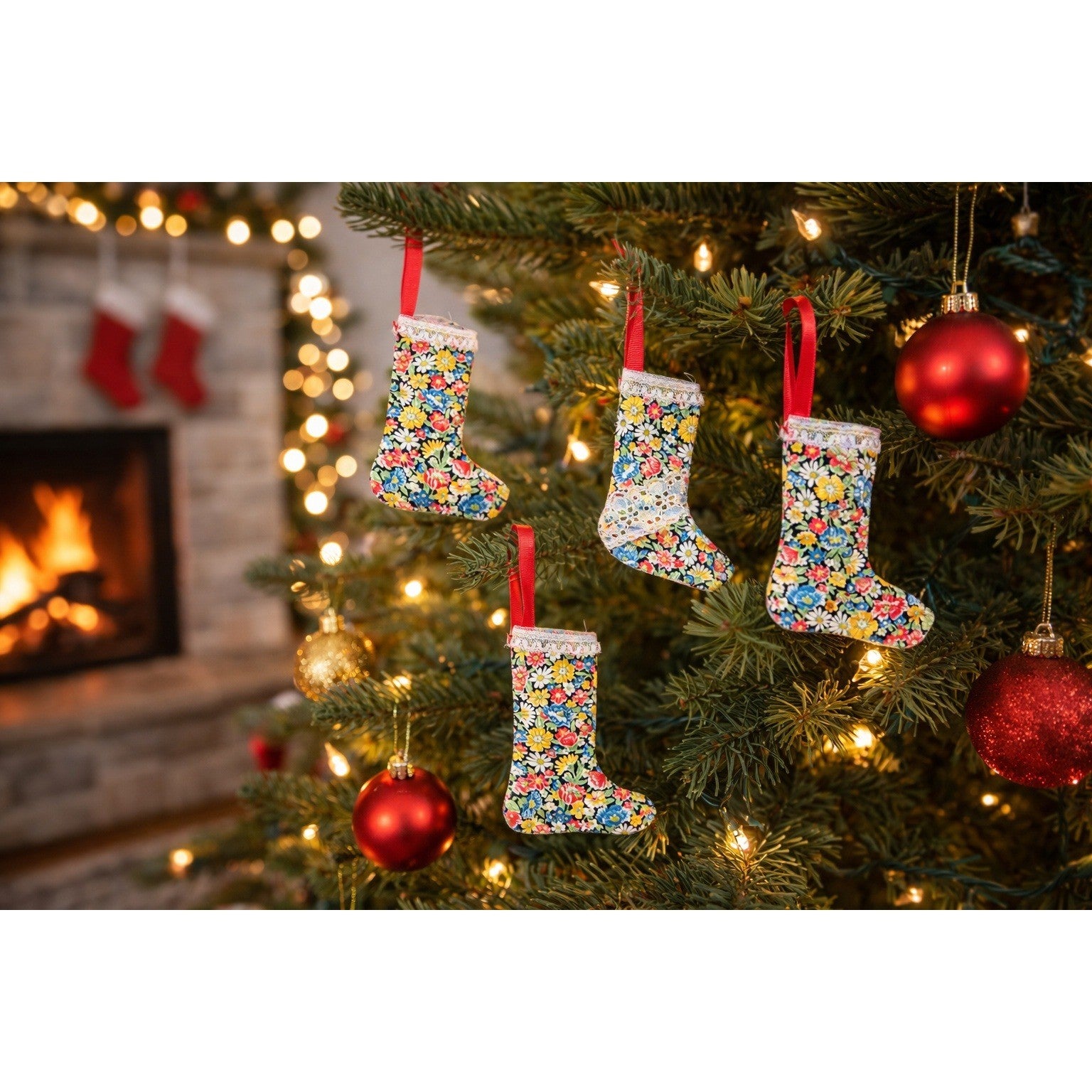 Vintage Handmade Fabric Stocking Ornaments Floral Christmas Decor Set of 4