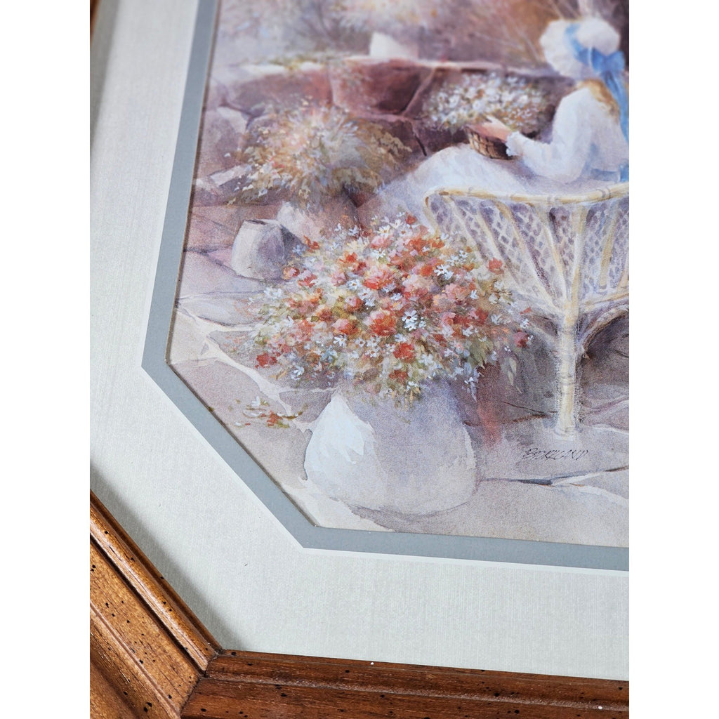 Vintage Framed Pastoral Art Print Octagon Wood Frame Cottage Garden Scene