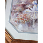 Vintage Framed Pastoral Art Print Octagon Wood Frame Cottage Garden Scene