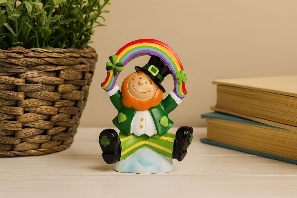 Saint Patricks Day Ceramic Leprechaun Holding Rainbow Figurine