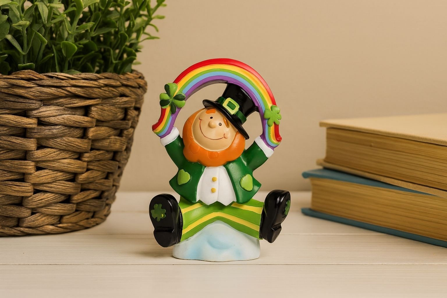Saint Patricks Day Ceramic Leprechaun Holding Rainbow Figurine