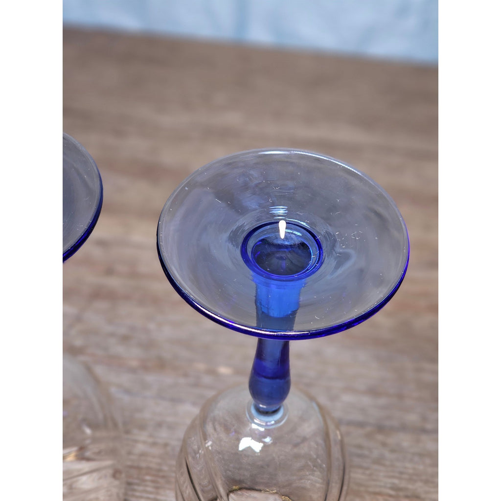 Vintage Blue Stem Wine Glasses Set of 2 Gold Rim Clear Bowl 8 Inch