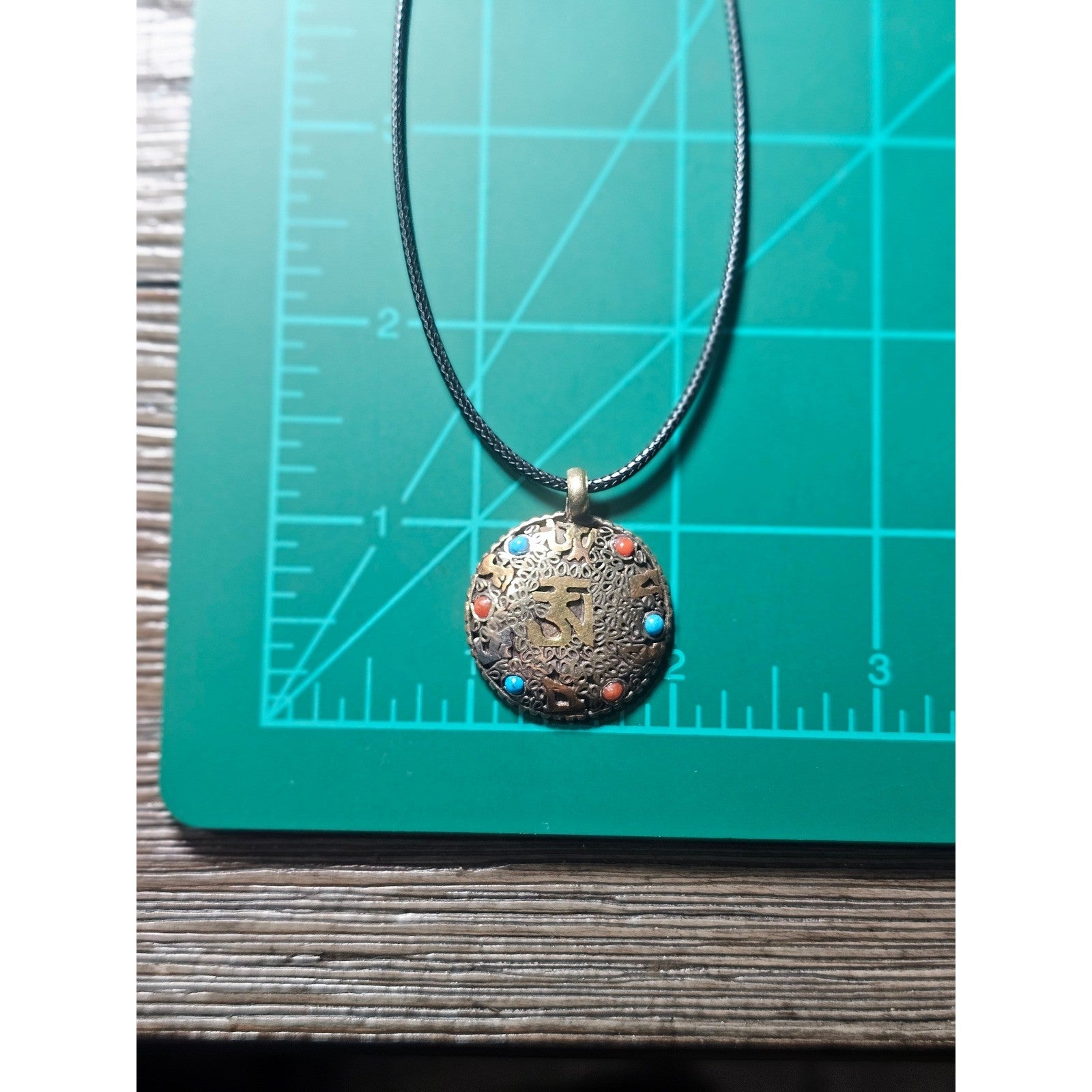 Vintage Om Medallion Pendant Necklace Brass Tone Multicolor Inlay