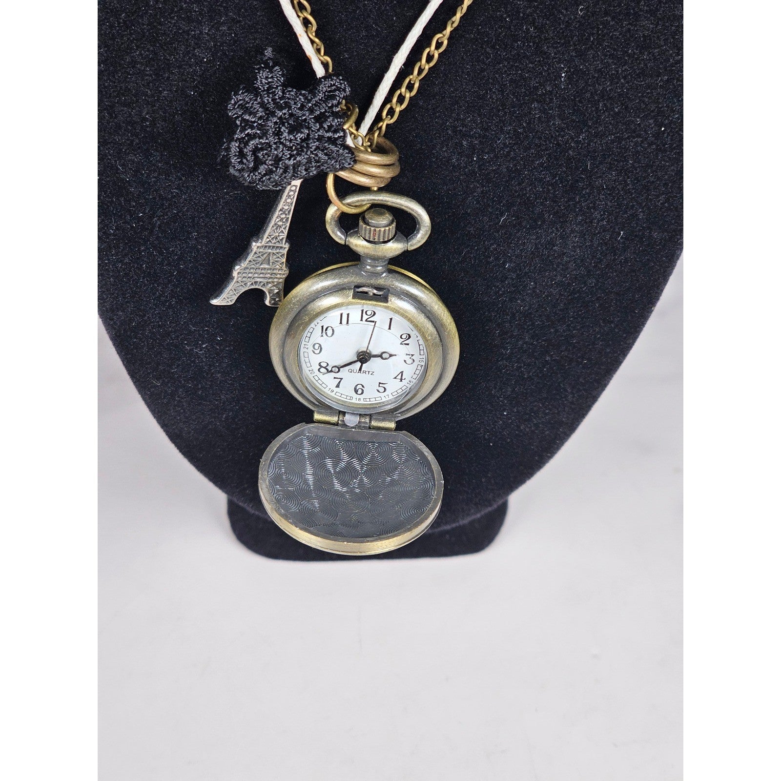Vintage Long Necklace Pocket Watch Locket Pendant Eiffel Tower Charm
