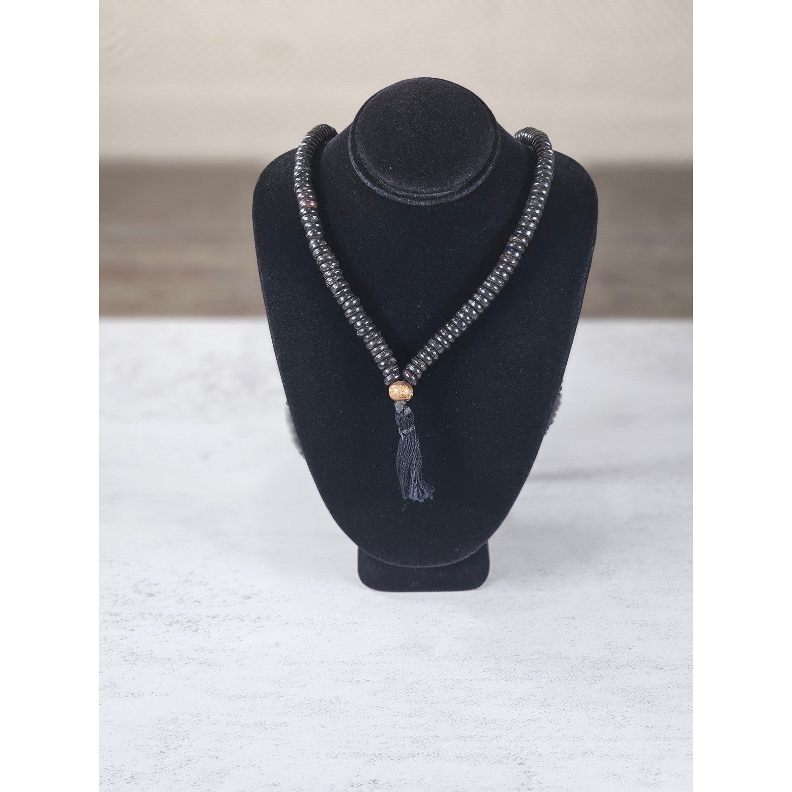 Vintage Black Beaded Tassel Necklace Boho Wood Accent Pendant