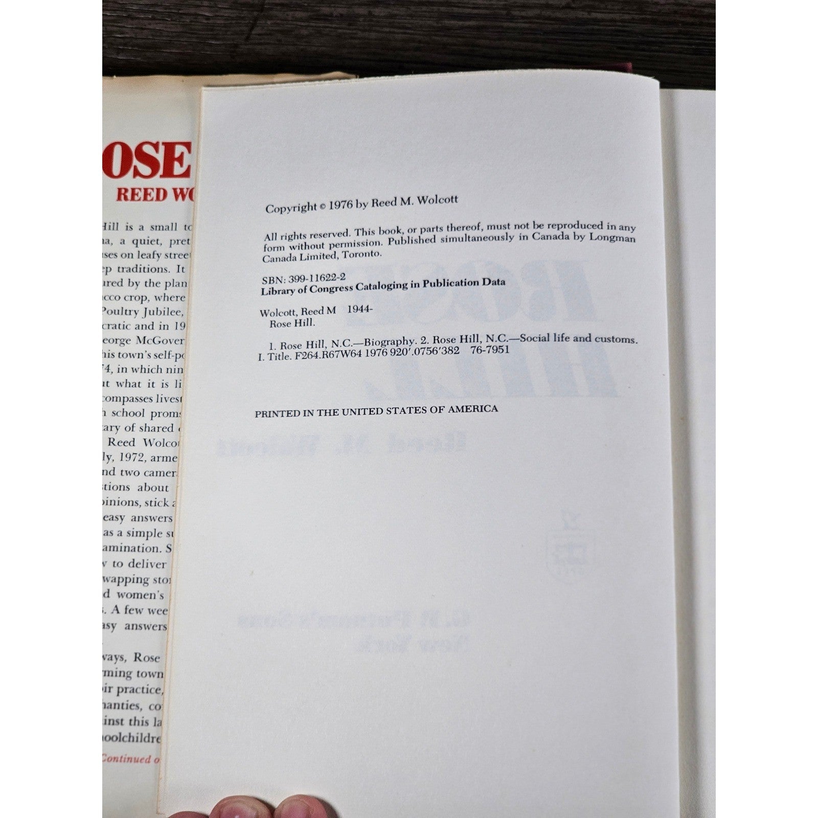 Rose Hill by Reed Wolcott 1976 Hardcover Documentary History Book