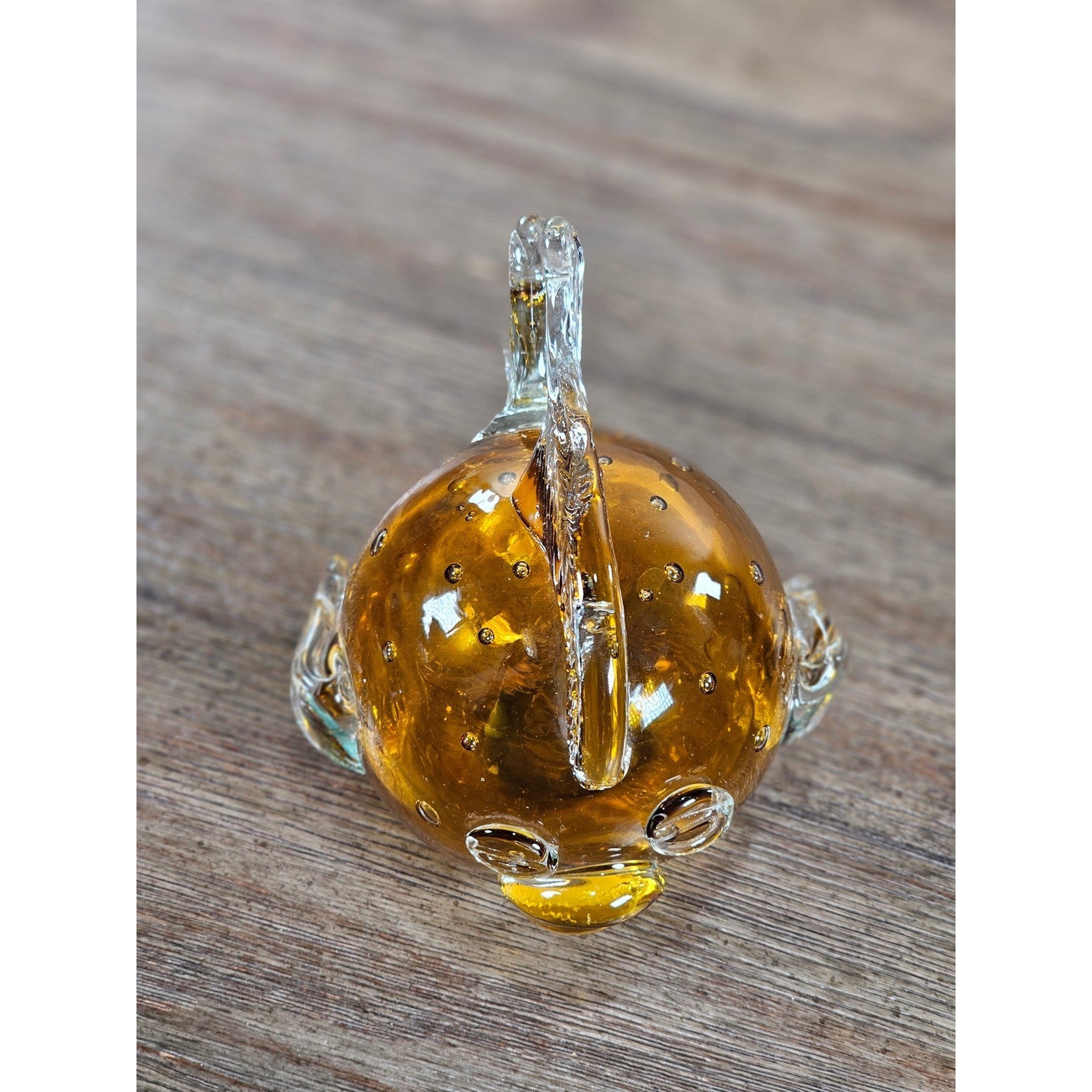 Vintage Amber Art Glass Fish Figurine 5" Hand Blown Bubble Glass