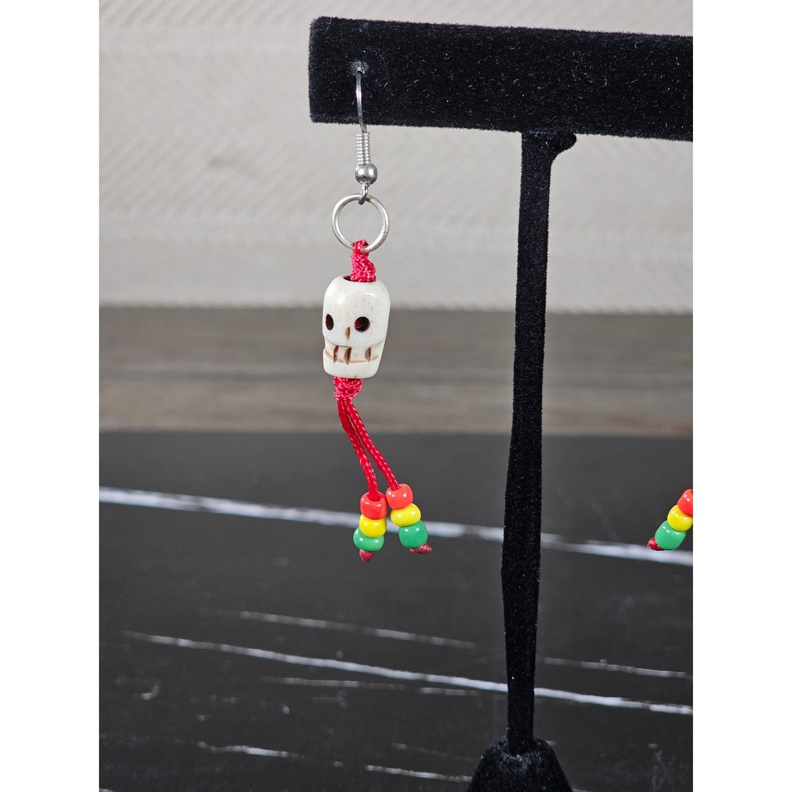 Vintage Skull Dangle Earrings Red Cord Beaded Boho Gothic