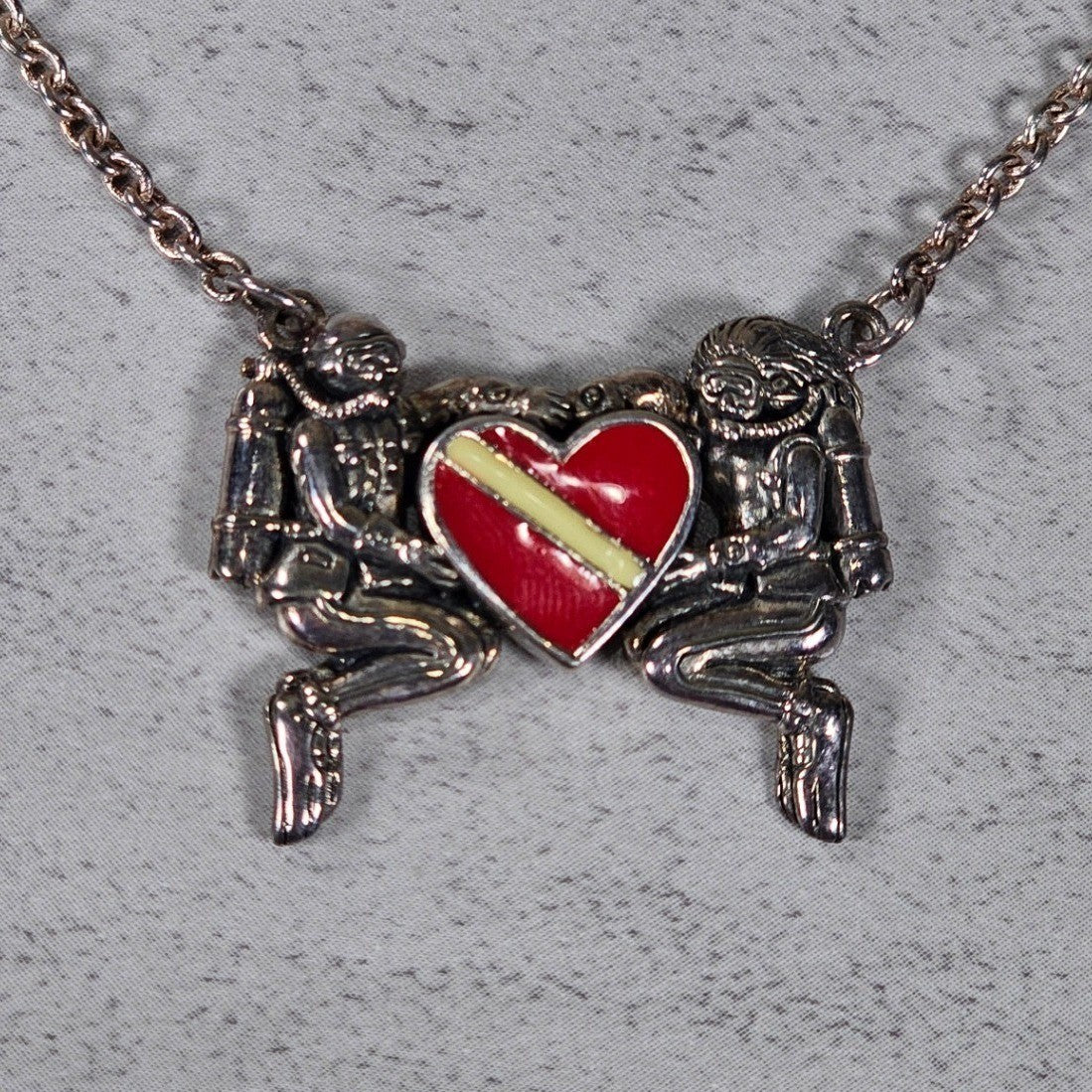 Vintage Sterling Silver Diver Heart Necklace Red Enamel Pendant