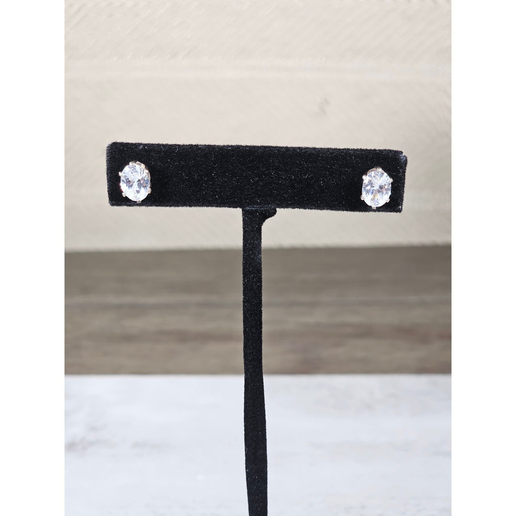 Vintage Oval Clear Rhinestone Stud Earrings Silver Tone Posts