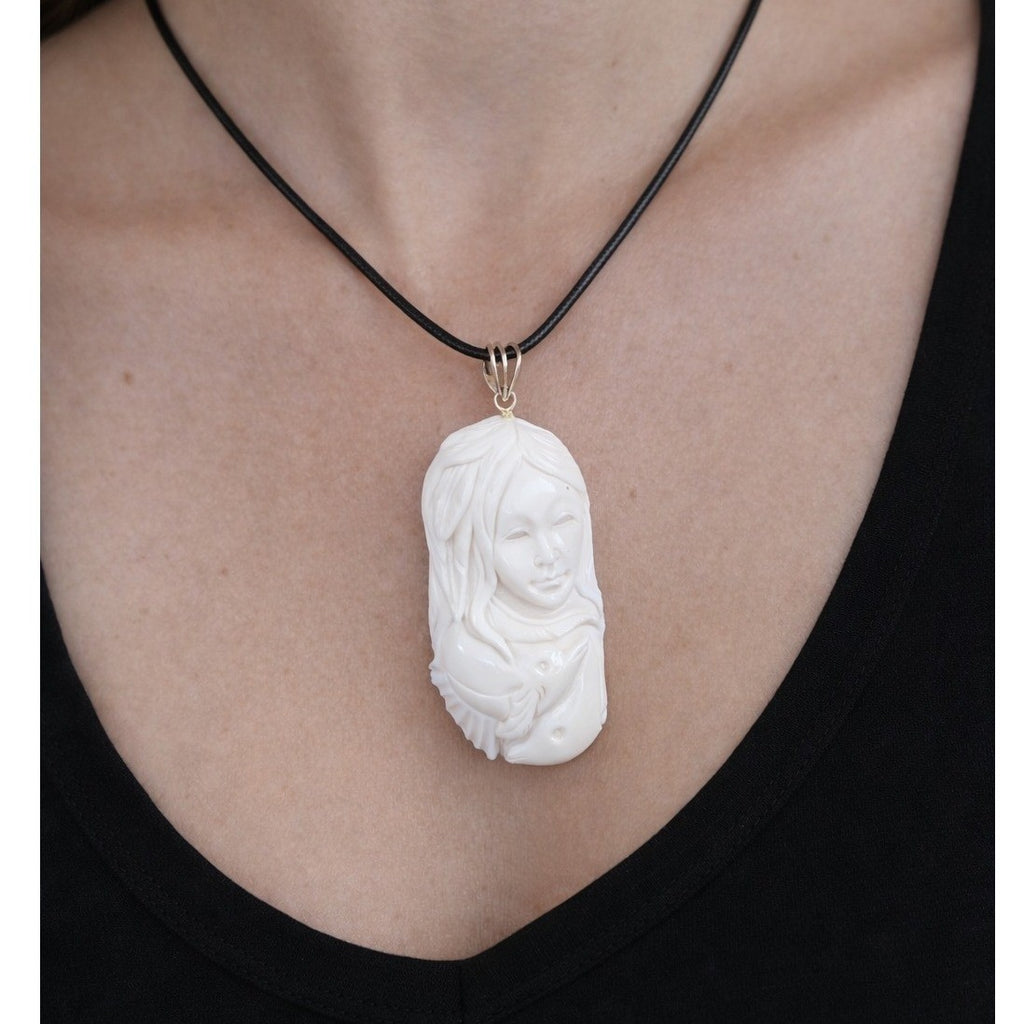 Vintage Buffalo Bone Carved Woman Pendant Necklace 2.5 x 1 Inch