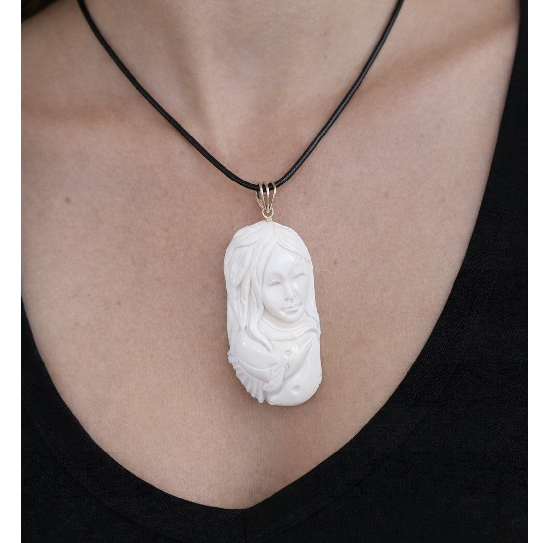 Vintage Buffalo Bone Carved Woman Pendant Necklace 2.5 x 1 Inch