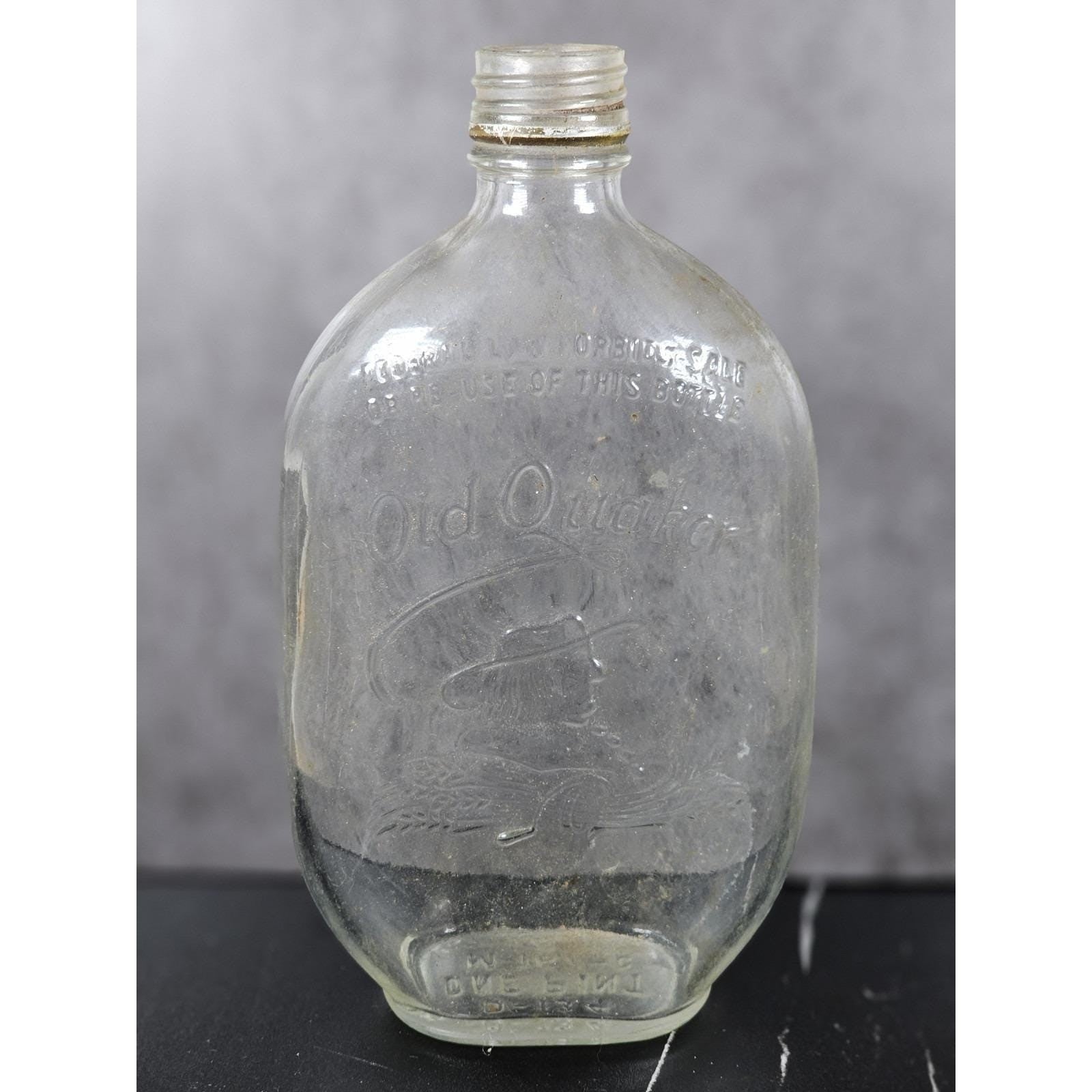 Vintage Old Quaker Whiskey Bottle Pint Clear Glass Embossed Bar Decor