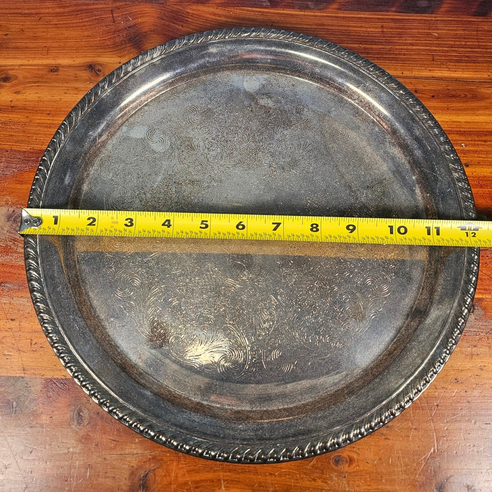Vintage Silverplate Serving Tray 12 Inch Round Etched Floral Pattern