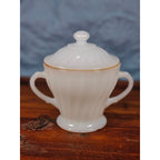 Vintage Milk Glass Sugar Bowl with Lid Gold Trim Fluted Handles