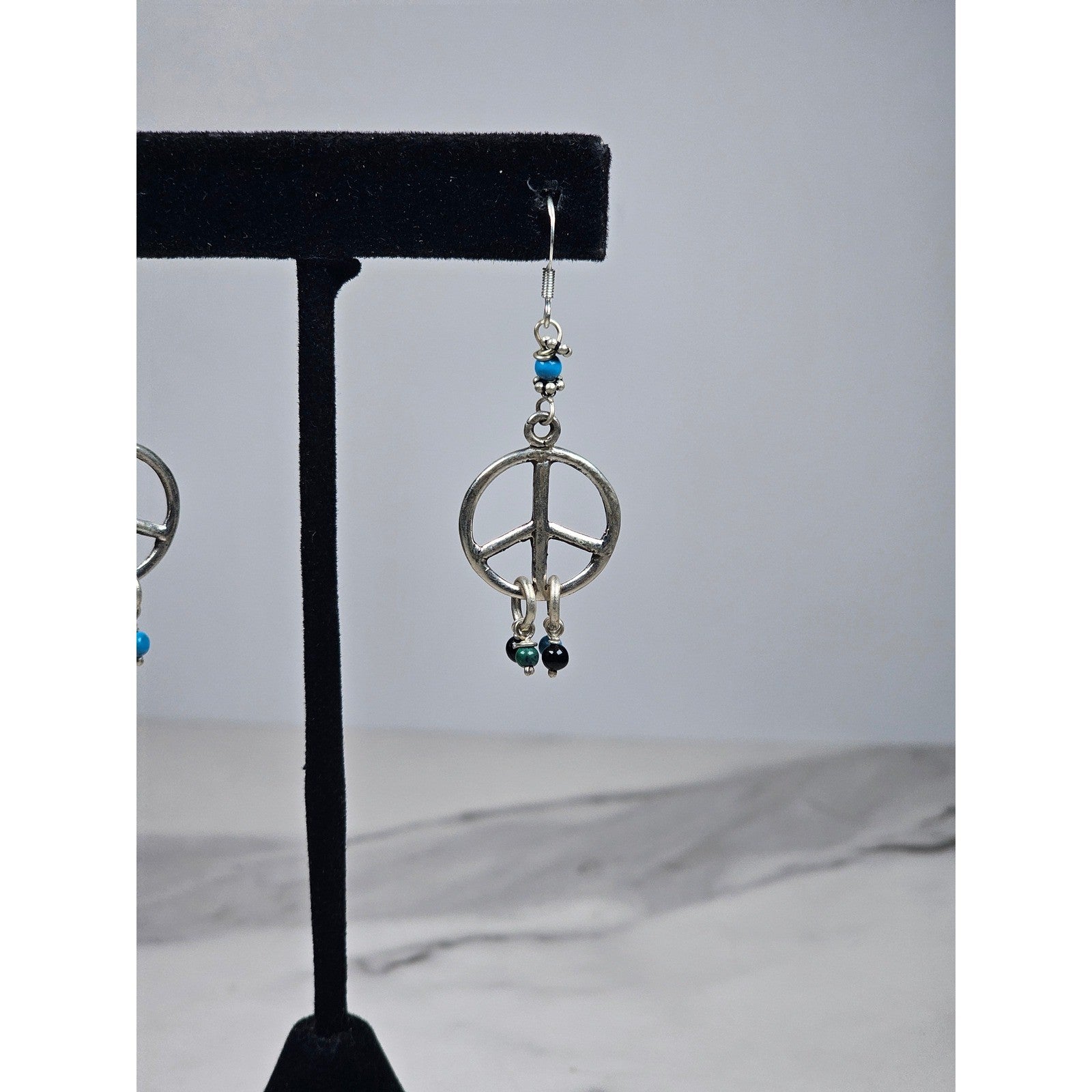 Vintage Sterling Silver Peace Sign Dangle Earrings 925 Beaded